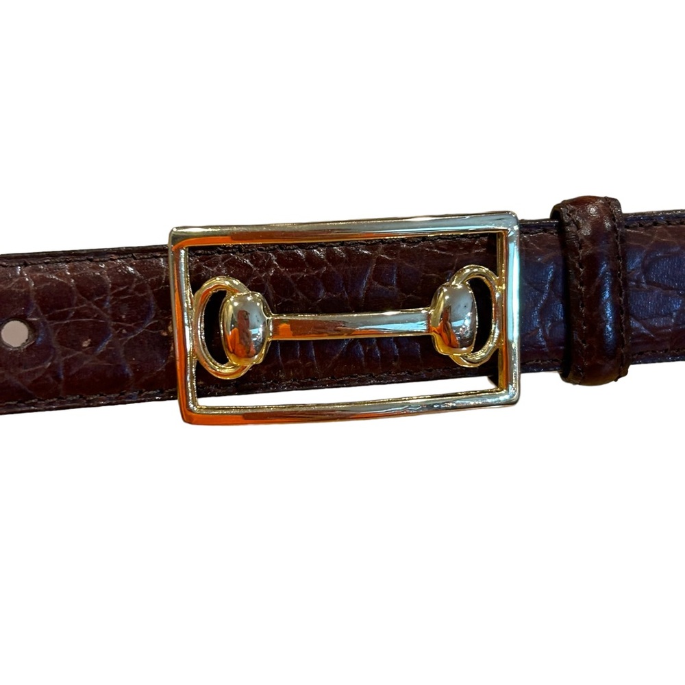 Chelsea Cambell Embossed Crocodile Brown Leather Belt With Gold Horse Bit M